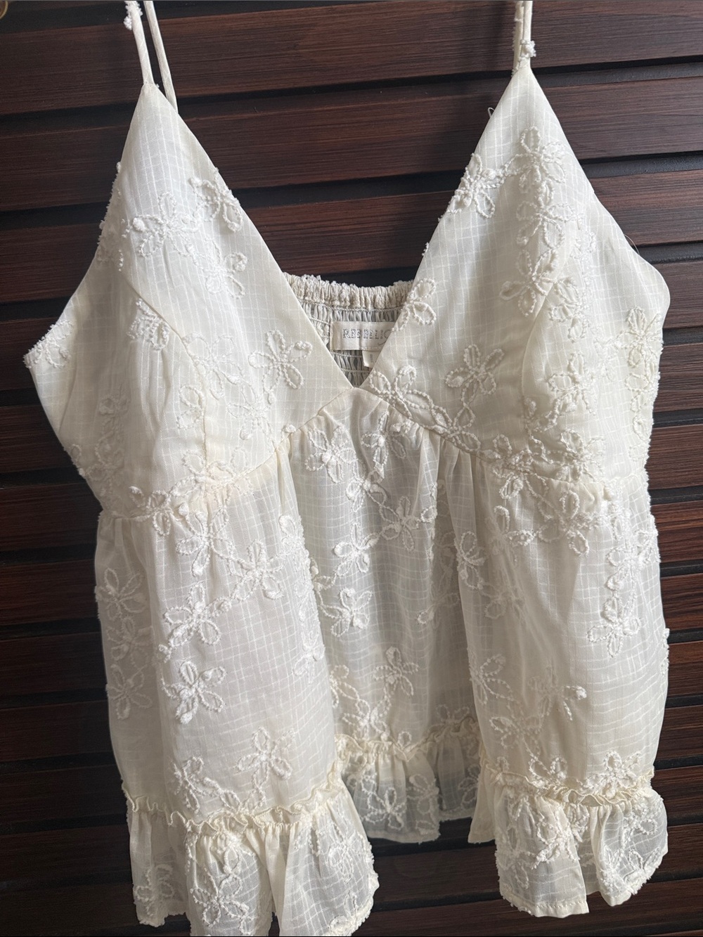 Lace-Embroidered Ruffle Hem Spaghetti Strap Top - Cream